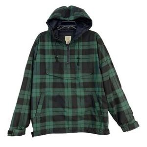Gap men’s puffer blue & green plaid hooded pullover, vintage, kangaroo pocket